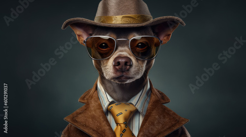A terrier wearing glasses, a hat, and a business suit stands on a black background AI Generated. © Valeriia