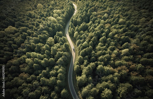 Top view of green forest landscape wallpaper art. Aerial nature scene of pine trees and asphalt road banner design. Countryside path trough coniferous wood form above. Generative Ai.