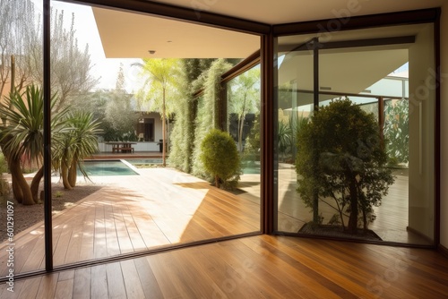 mediterrean house exterior with wooden floors, glass doors and indoor greenery, created with generative ai © altitudevisual