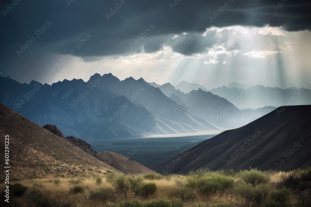 Obraz premium majestic mountain range, with a storm brewing in the distance, created with generative ai
