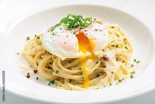 spaghetti carbonara with poached egg and fresh herbs, created with generative ai