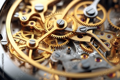 Gears and cogs in clockwork watch mechanism. Craft and precision - elegant detailed stainless steel and metal - Generative AI 