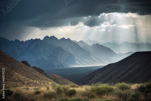majestic mountain range, with a storm brewing in the distance, created with generative ai