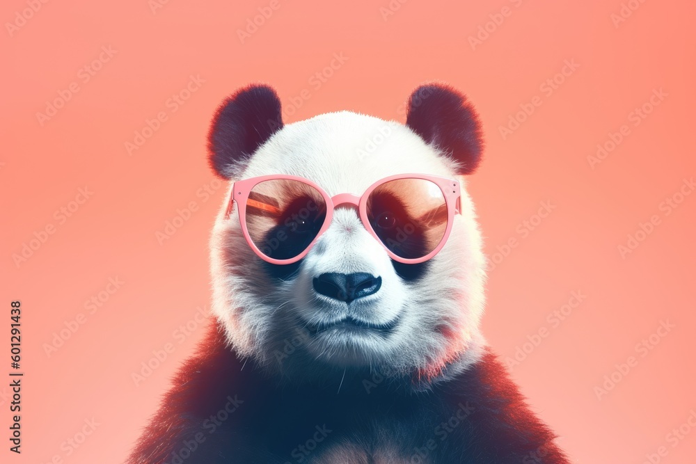 Porträt von lustigen süßen Panda mit Sonnenbrille. AI generated, human enhanced