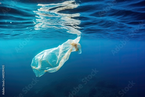 plastic bag floating on the surface of the ocean, created with generative ai