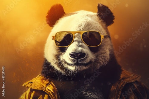 Porträt von lustigen süßen Panda mit Sonnenbrille. AI generated, human enhanced © elekksmedia