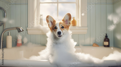 A cute corgi puppy is taking a bath in a bathtub filled with foam care, love, cleanliness, AI Generated. © Valeriia