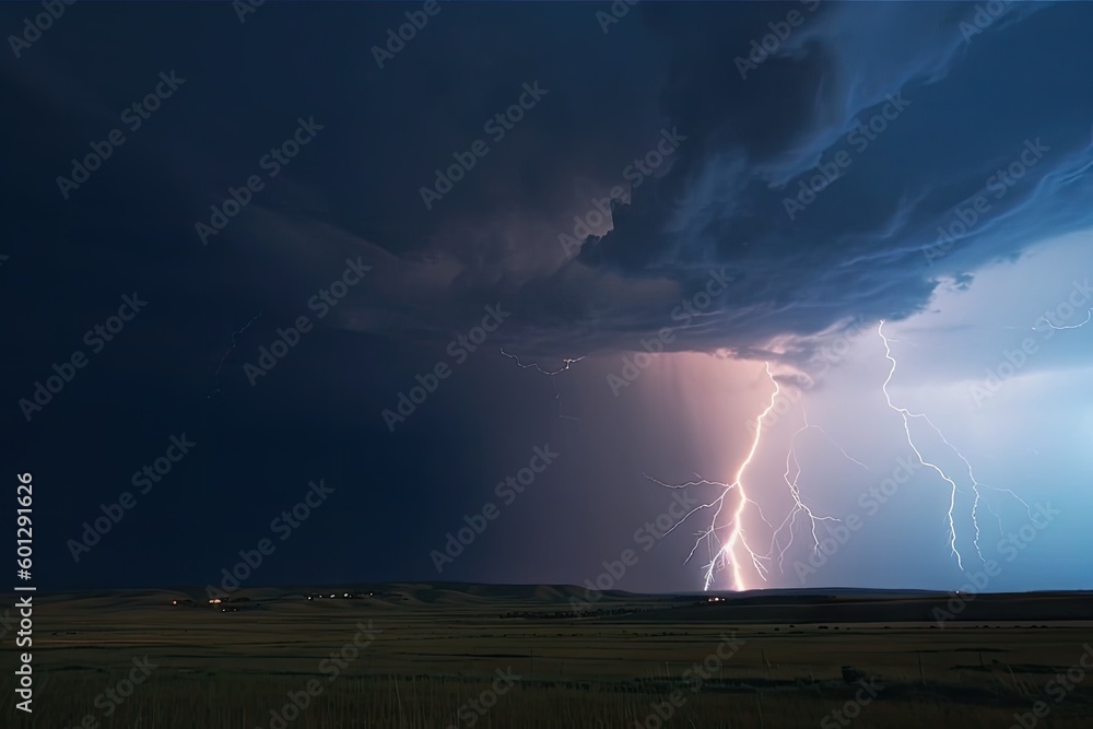 lightning storm with tornado visible in the distance, created with ...