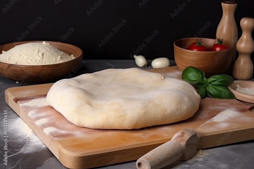 pizzeria with open pizza dough on wooden board for easy slicing and serving, created with generative ai pizzeria with open pizza dough on wooden board for easy slicing and serving, created with generative ai