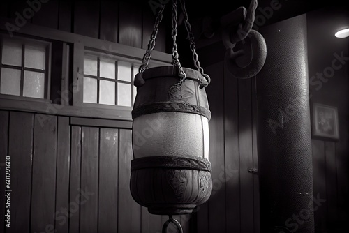 punching bag, hanging from ceiling with chains, in martial arts dojo, created with generative ai photo