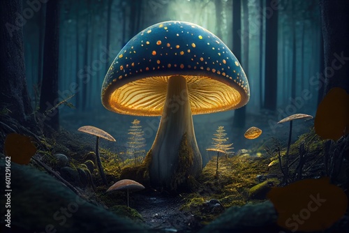 magic mushroom growing in the forest, surrounded by trees, created with generative ai