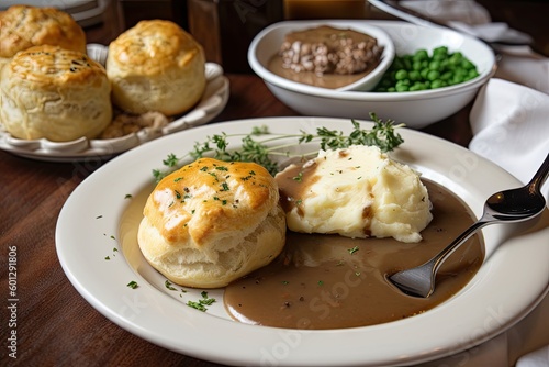 plate of meat pies, with sides of mashed potatoes and gravy, created with generative ai