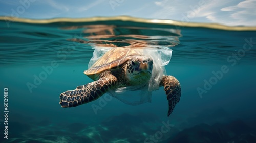 A turtle trapped in a plastic bag in the ocean, representing the devastating effects of plastic pollution on marine life AI Generated.