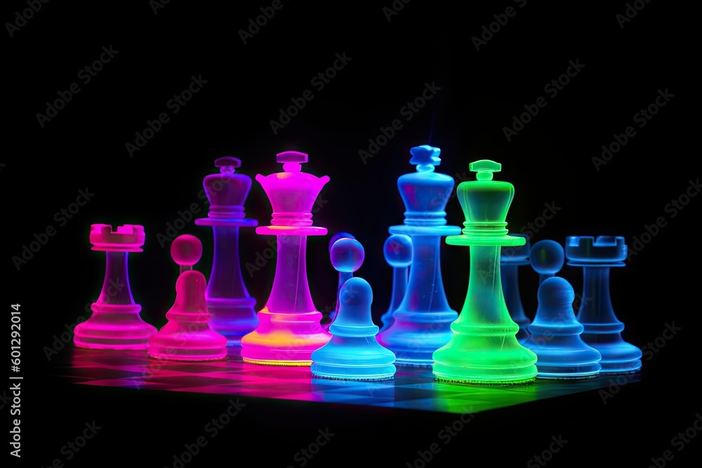 neon chess set against black background for dramatic effect, created ...