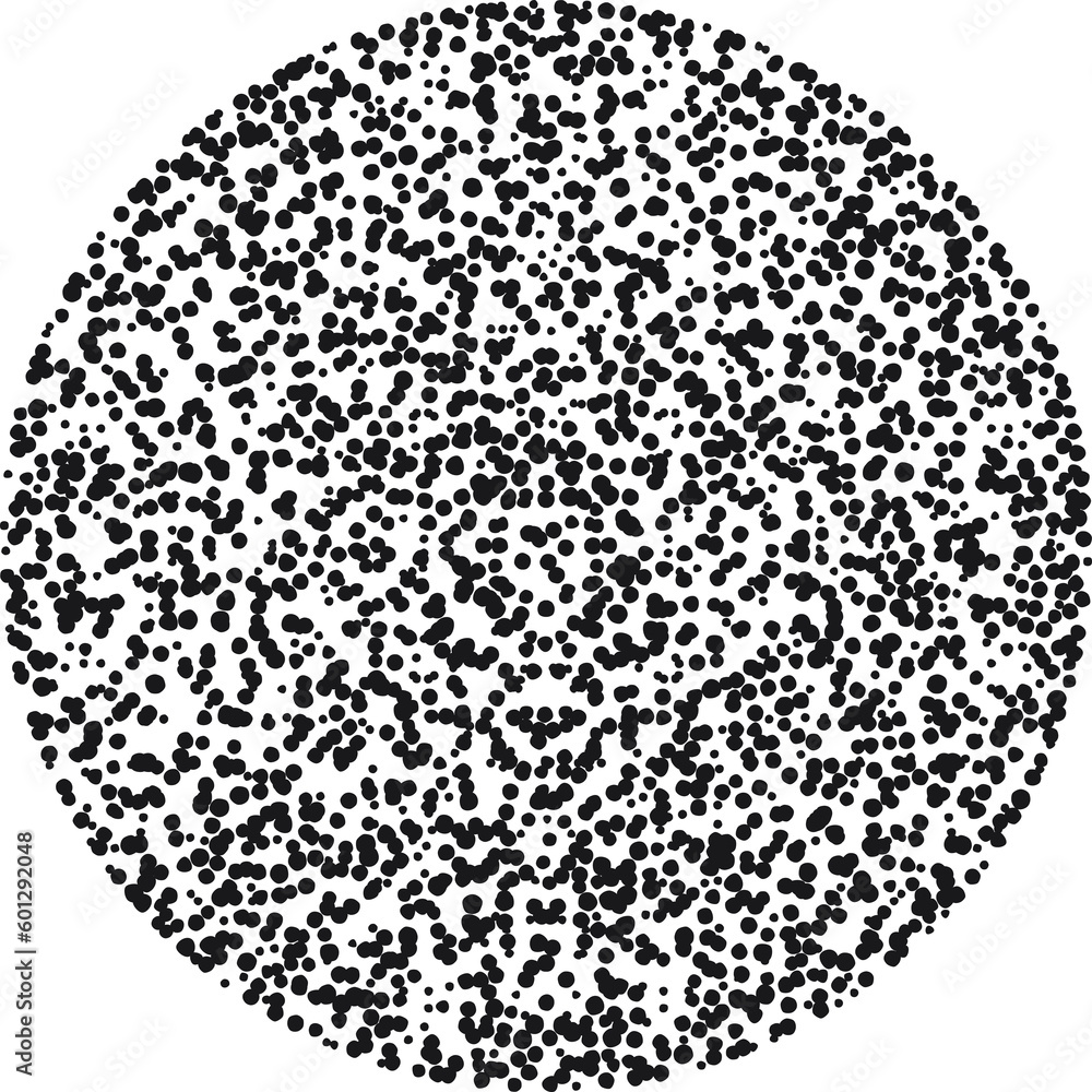 Circle filled with small dots, black. A circle to use as a background for your designs, made with messy and irregular black dots.