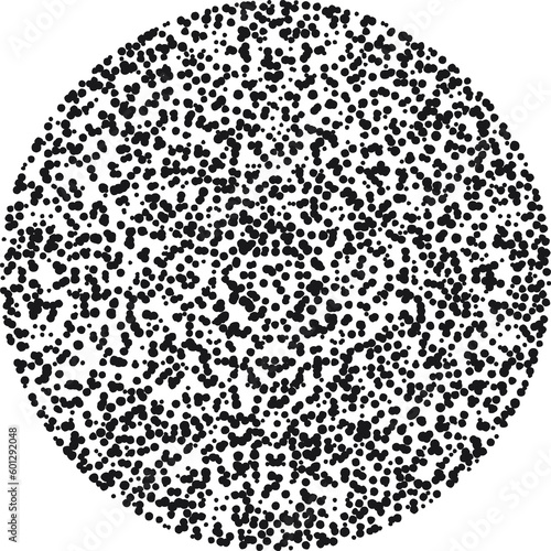 Circle filled with small dots, black. A circle to use as a background for your designs, made with messy and irregular black dots.