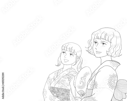 Women in floral-design yukata, black & white drawing