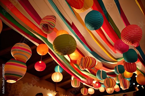 paper streamer hanging from ceiling, with lanterns and decorations for festival, created with generative ai