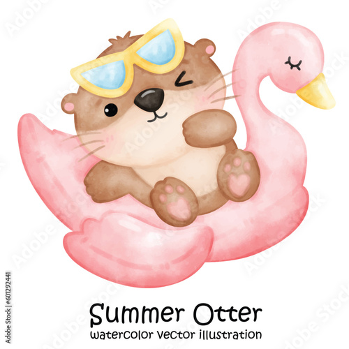 Cute Otter, Summer, Cute Animal, Pool Party, Watercolor, Vector, illustration