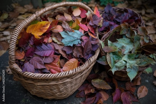 basket of fallen leaves in a variety of colors and shapes  created with generative ai