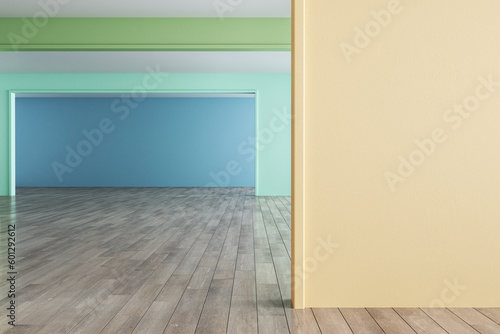 Colorful gradient rainbow living room interior with wooden flooring and empty mock up place on wall. Design and creativity concept. 3D Rendering.
