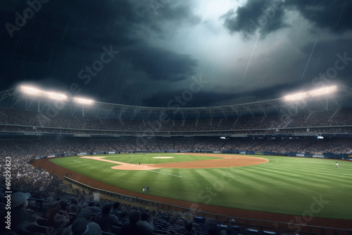 A wide angle of a outdoor baseball stadium full of spectators under a stormy night sky 