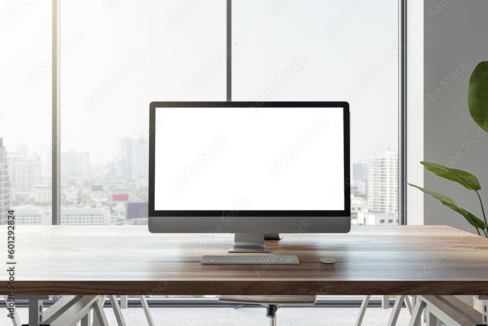 Front view of a modern office workplace with wooden desk with white screen computer, on city view window background in light interior, mockup. Webdesign and project presentation concept. 3D Rendering Front view of a modern office workplace with wooden desk with white screen computer, on city view window background in light interior, mockup. Webdesign and project presentation concept. 3D Rendering