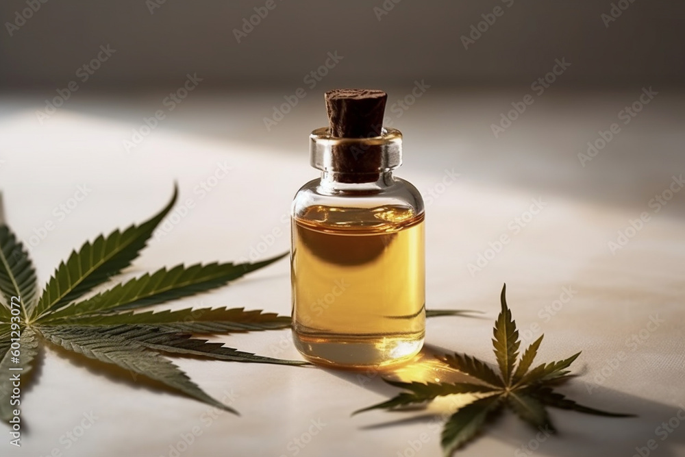CBD oil leaf of cannabis, white background. Generative AI CBD oil leaf of cannabis, white background. Generative AI