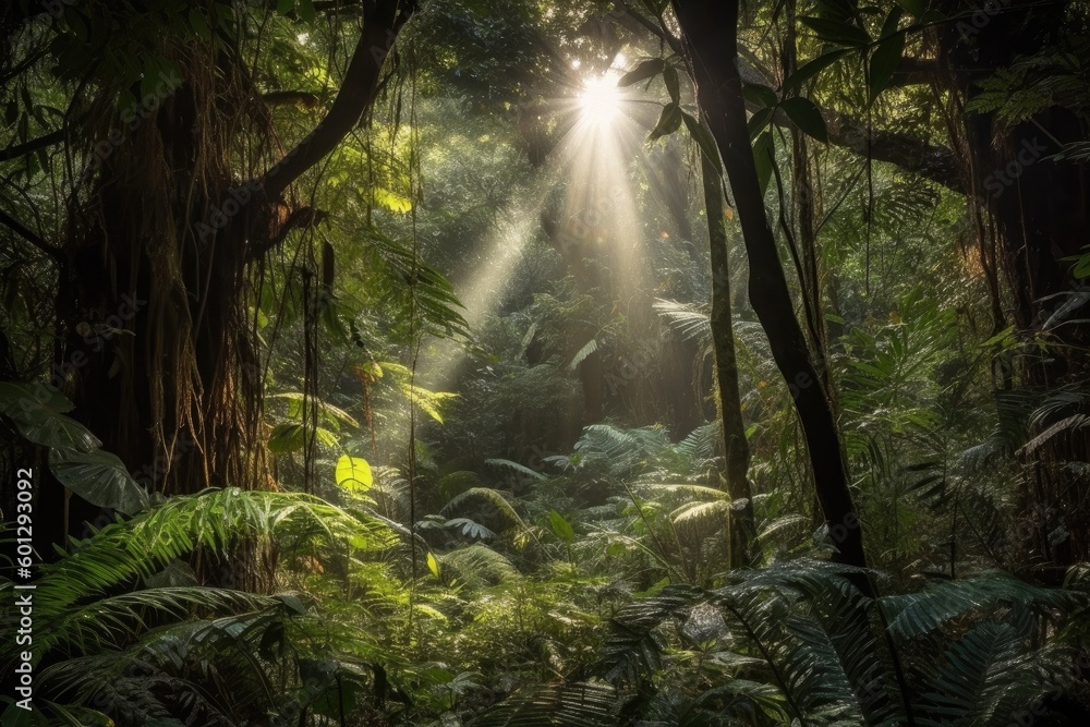 sunbeam filtering through the jungle canopy, illuminating the vegetation, created with generative ai