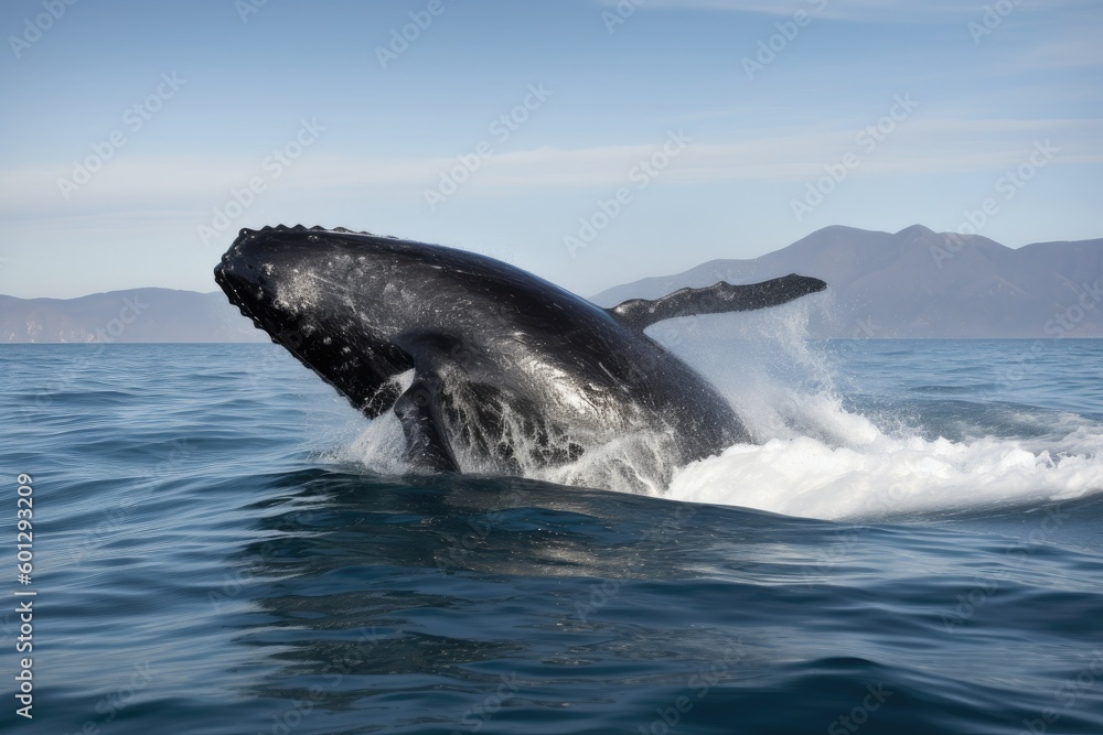 Naklejka premium baby whale breaching in the ocean, its black skin shining against the water, created with generative ai