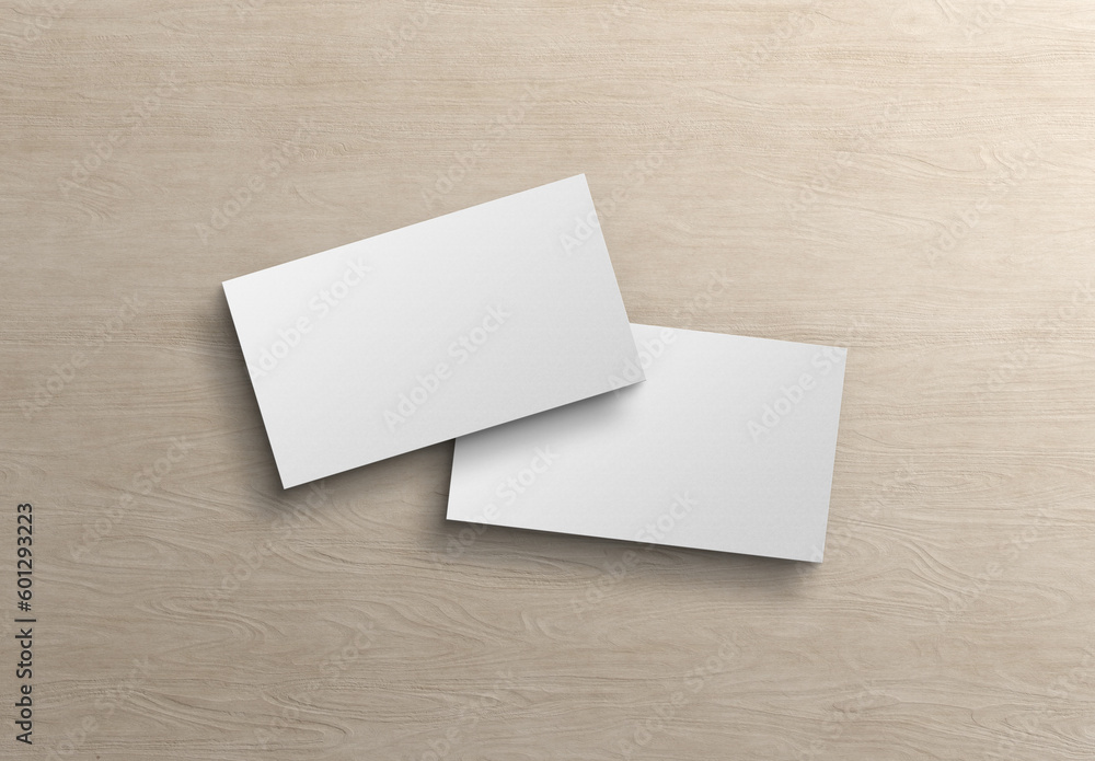 Two white US business card Mockup. American size calling card front and back on wood 3D rendering Two white US business card Mockup. American size calling card front and back on wood 3D rendering