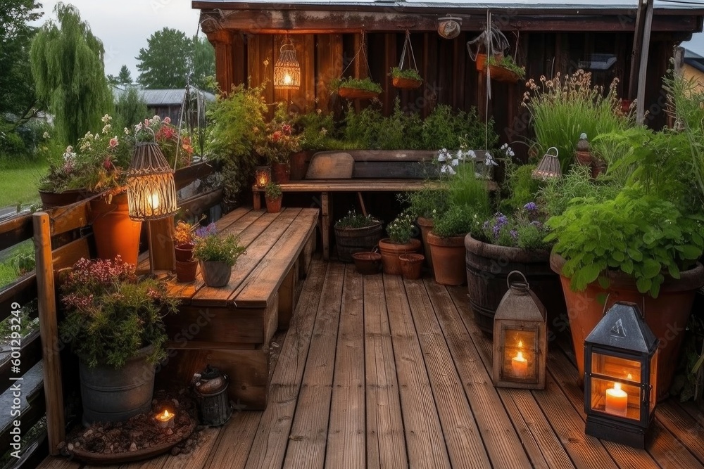 rustic wooden deck with potted plants and lanterns for a warm and welcoming campsite, created with generative ai
