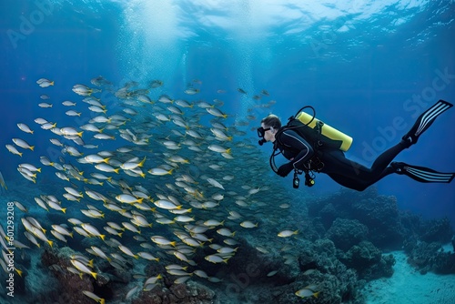 scuba diver swimming past schools of fish in crystal-clear water, created with generative ai