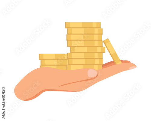 Hand holding coins on a logon, white background, concept of taking money and repaying debt, gold coins in hand, vector illustration in flat style