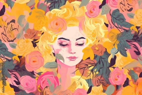 Abstract Illustration of a girl woman with flowers AI Generative