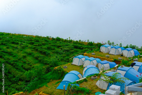 Nature Photography. Landscape view of the campsite on the hilltop. Location place in Pangalengan sky park, on the outskirts of the city of Bandung Region - Indonesia photo