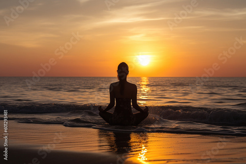 A woman's silhouette doing yoga or meditation on a beach at sunrise representing mindfulness and relaxation