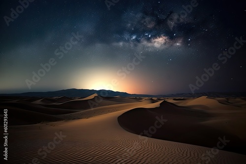 night sky with stars shining over endless dunes of a desert, created with generative ai