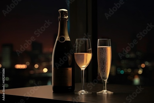 City Skyline View with Glass and Bottle Champagne on Modern Rooftop Table. Urban Nightlife and Outdoor Bar Celebration. Generative AI illustrations.