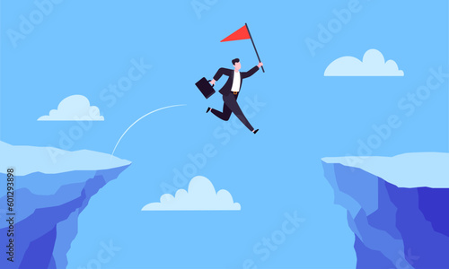 Businessman jumps over the abyss across the cliff flat style design vector illustration. Business concept of fearless businessman with huge courage. Risk, goal achievement, work obstacles and success.