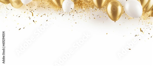 Abstract background gold fireworks and falling shiny confetti and balloon on white background Copy space Celebration and party  copy space on left