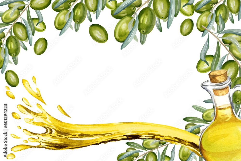 watercolor frame with bottle with olive oil, stream of oil, branches of ...
