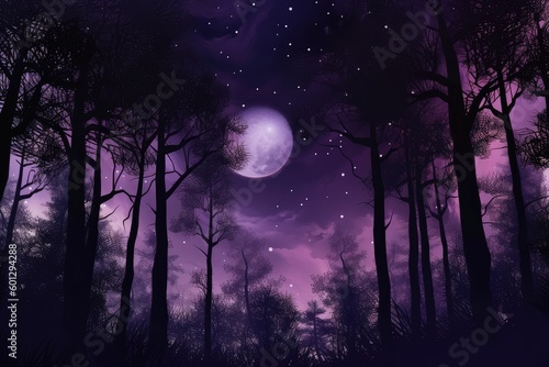 dark purple forest at night, with moon and stars in the sky, created with generative ai