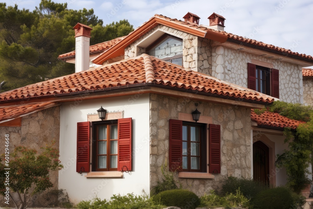 mediterranean house with red, clay roof and stone exterior, created with generative ai