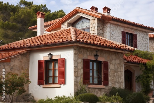 mediterranean house with red, clay roof and stone exterior, created with generative ai