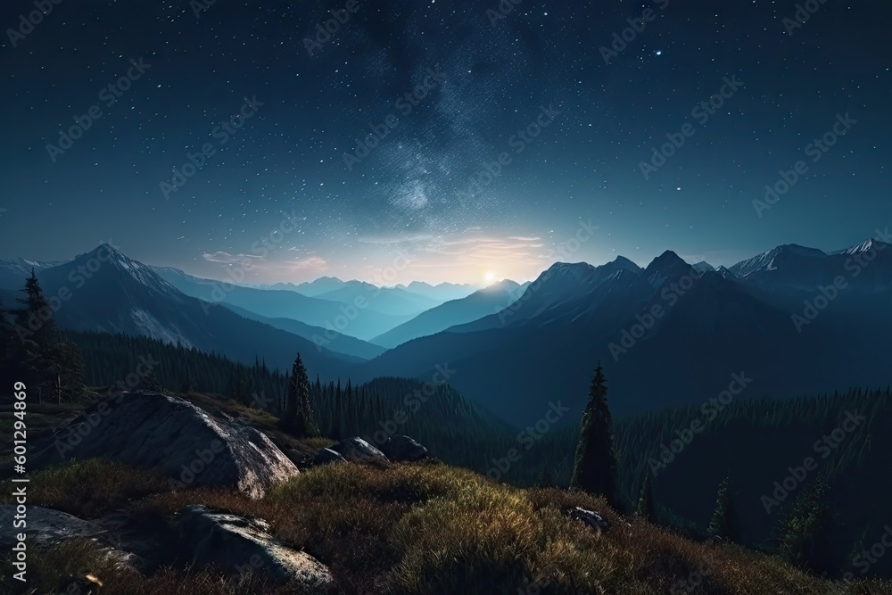 majestic mountain landscape with a view of the starry night sky, created with generative ai