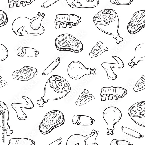 Seamless meat doodle pattern with a black and white color suitable for the background
