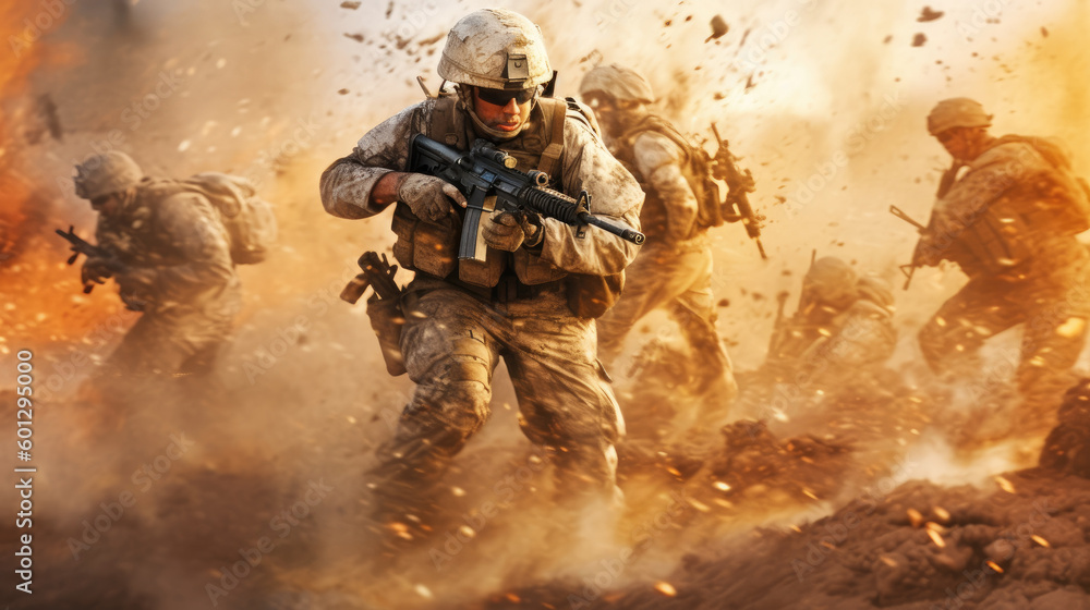 A portrait of a military man in combat gear with an intense expression, holding a weapon and ready to fight AI generated. A portrait of a military man in combat gear with an intense expression, holding a weapon and ready to fight AI generated.