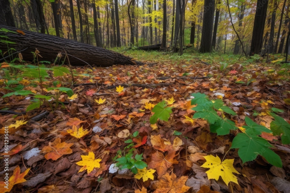 forest floor, with fallen leaves and wildflowers in the background, created with generative ai forest floor, with fallen leaves and wildflowers in the background, created with generative ai