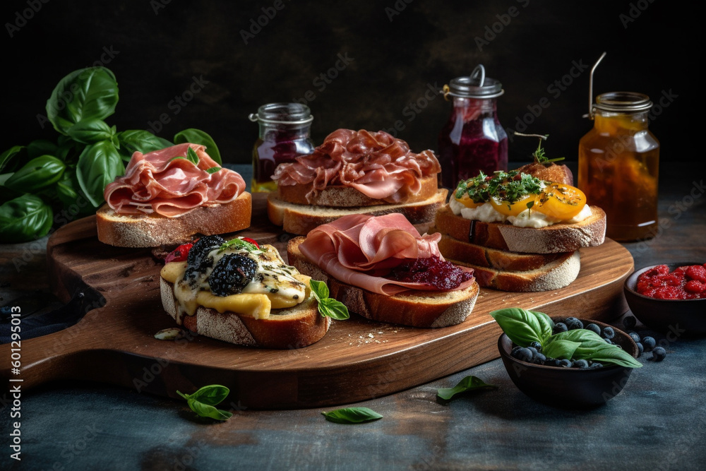 Fototapeta premium Italian bruschetta serverd on wooden board. generative Ai